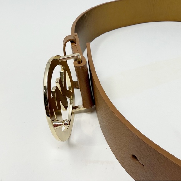 Michael Kors Brown Leather Belt Large – Gold MK Logo Buckle, Genuine Leather - Picture 8 of 16
